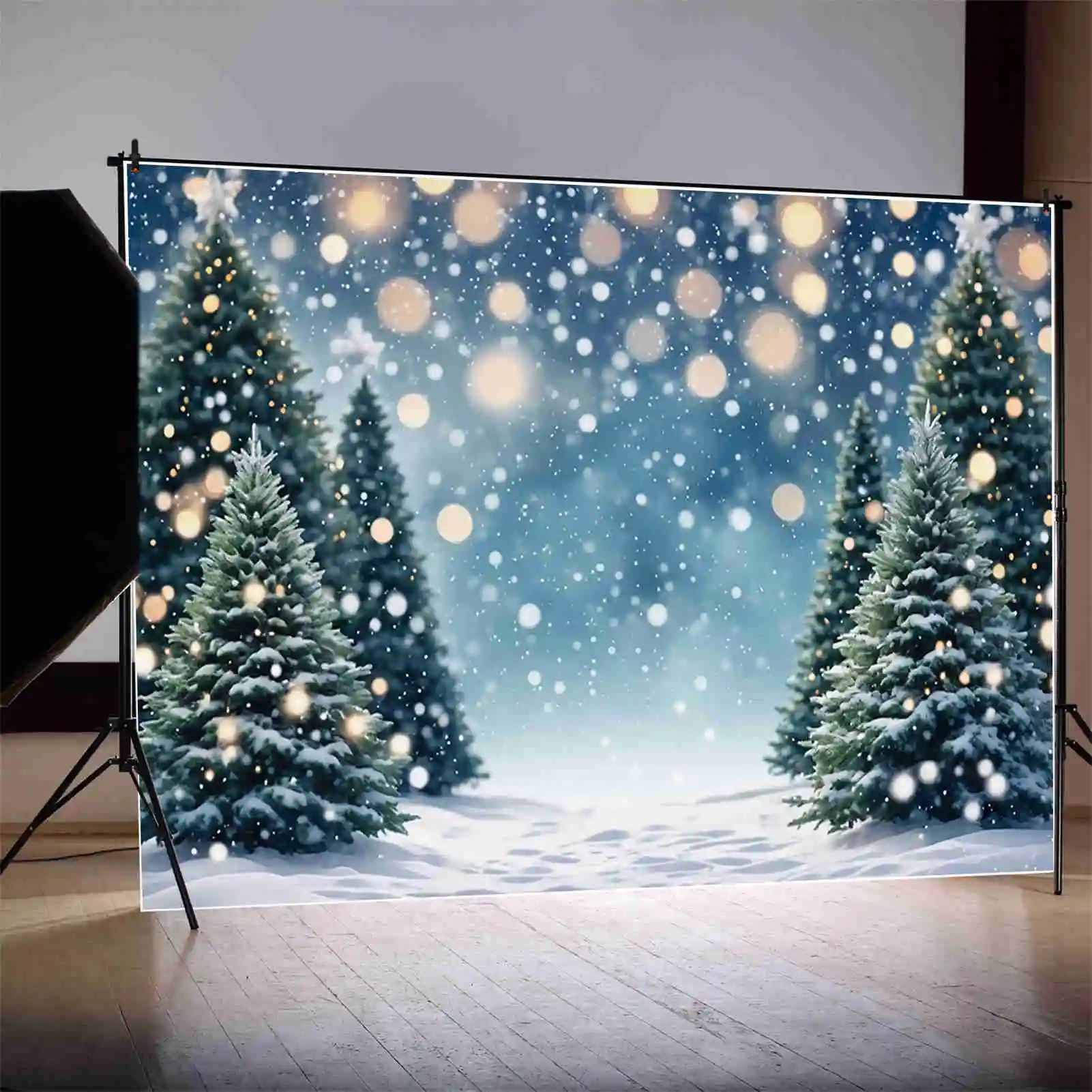 Moon. qg Winter Kiefer Hintergrund Weihnachten Schnee im Freien Feld Kinder Kulissen benutzer definierte Party Dekorationen Fotoshooting Requisiten