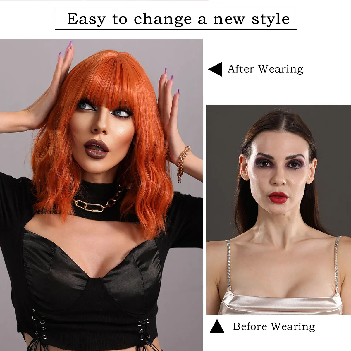 7JHH WIGS Short Bob Wigs with Bangs Loose Wavy Curly Orange Wig Shoulder Length Bob Synthetic Hair for Women Colorful Costume