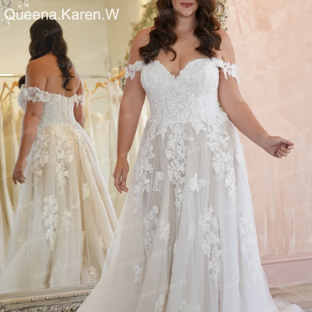 Gaun pengantin elegan, gaun pengantin renda bahu terbuka, gaun pengantin applique A line
