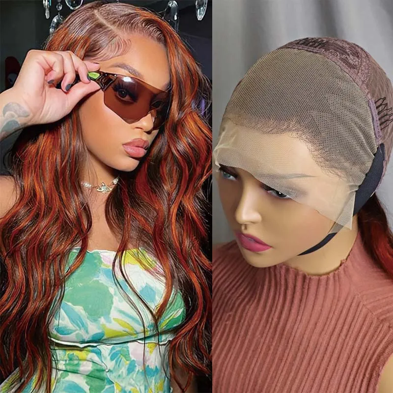 Lace Front Wig Ginger Orange Highlight Human Hair  Wig  4/350# Colored Body Wave Wigs Human Hair Pre Plucked with Baby Hair