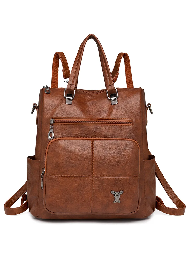 Vintage Brown PU Leather Anti Theft Backpack for Women Large Multi Pocket Travel School Convertible Shoulder Rucksack