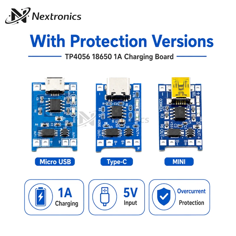 5/10PCS 18650 Lithium Battery Charger Module TP4056 5V 1A Micro/Type-C/Mini USB  Charging Board With Protection Dual Functions