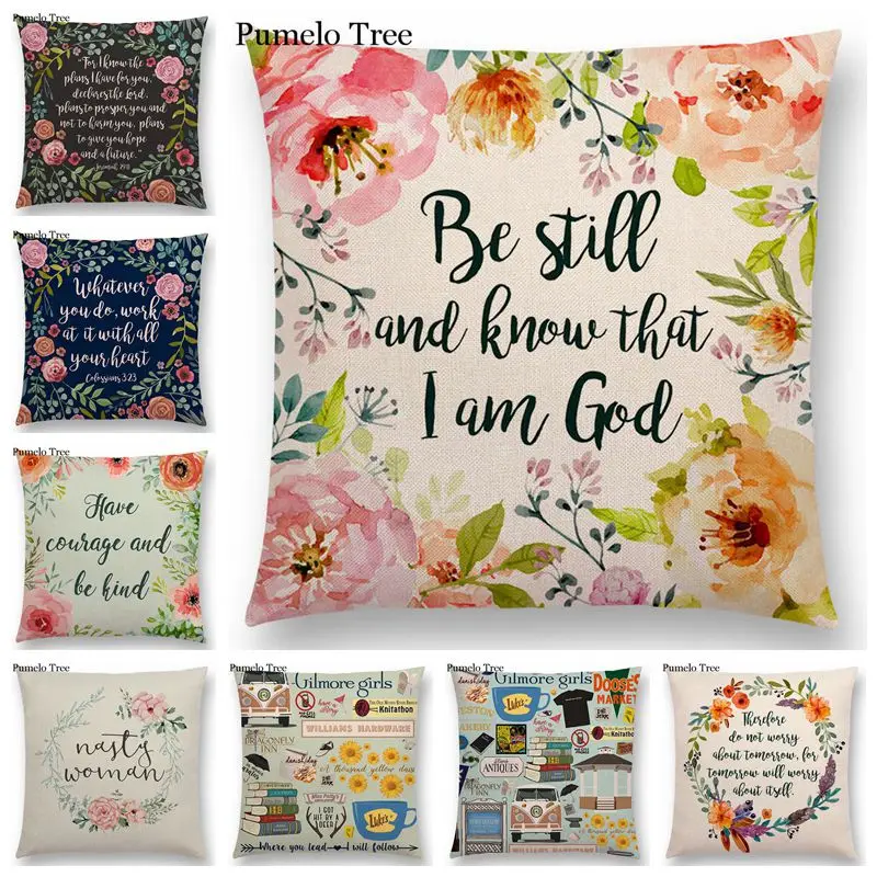 

Wish Words Print Pillow Case Linen 45*45cm Floral Photo Cushion Cover for Sofa Home Car Window Seat Decor Throw Pillow Cover