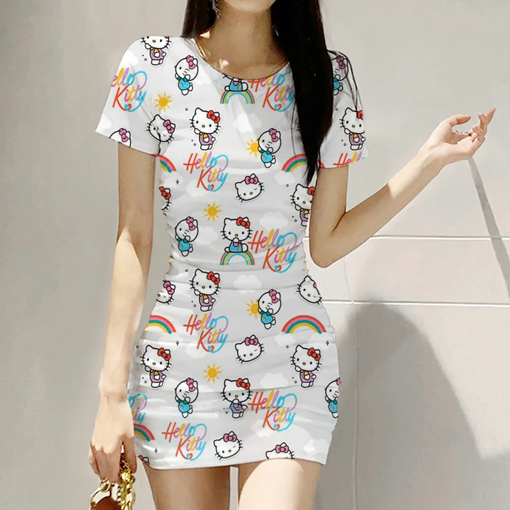 Women Dress Summer Fashion Sexy O-Neck Wrapped Hip Hello Kitty Print Women's Dress Printed Tight Sleeveless Short Dress