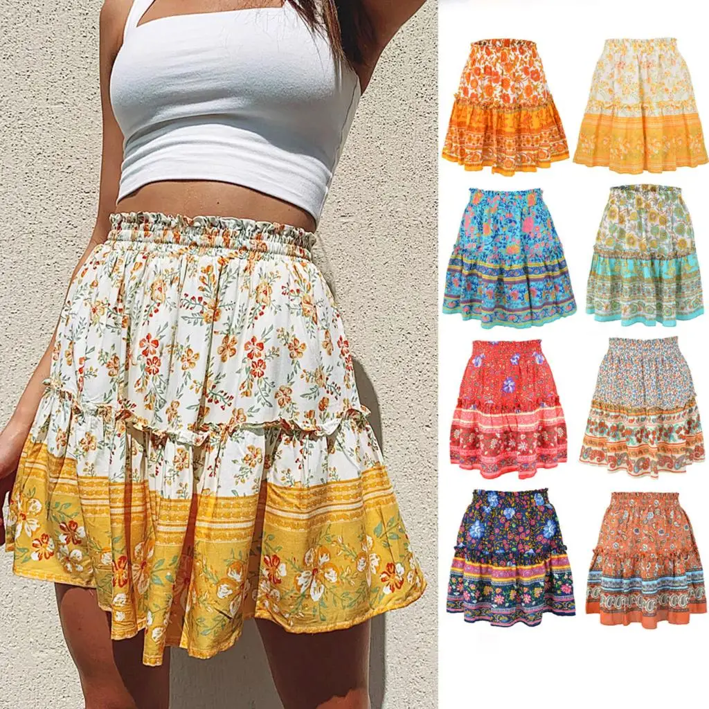 

Women Skirt Summer Floral Print Boho Sexy Mini Skirt Fashion High Waist Frills Short Skirt Female Casual Pleated Skirts