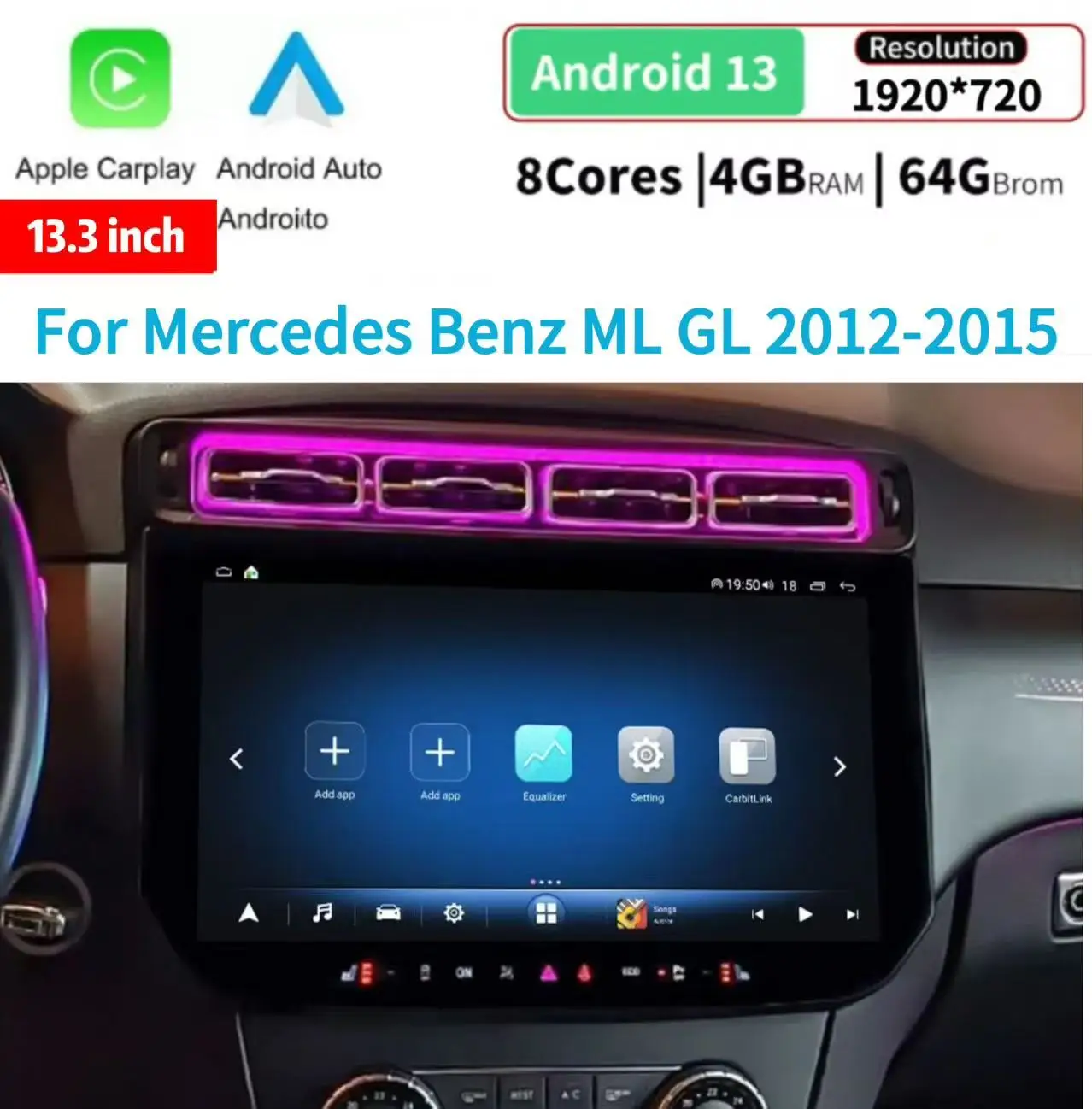 

13.3" Android Navigation Car Gps Stereo Radio For Mercedes Benz ML GL 2012-2015