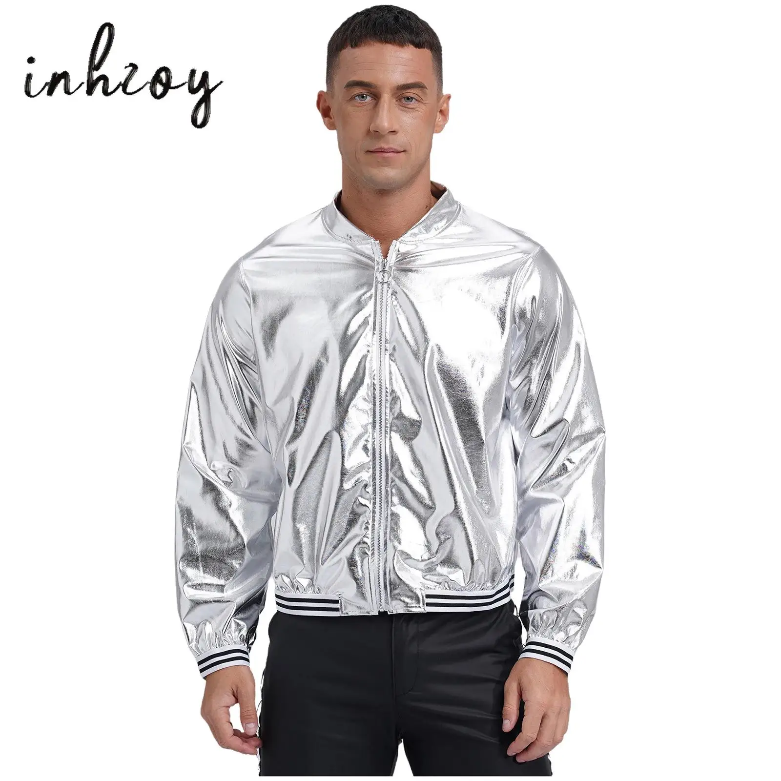 Mens Bomber Jacket Metallic Shiny Long Sleeve Zipper Striped Band Outerwear Baseball Jacket Coat Clubwear Stylish Streetwear