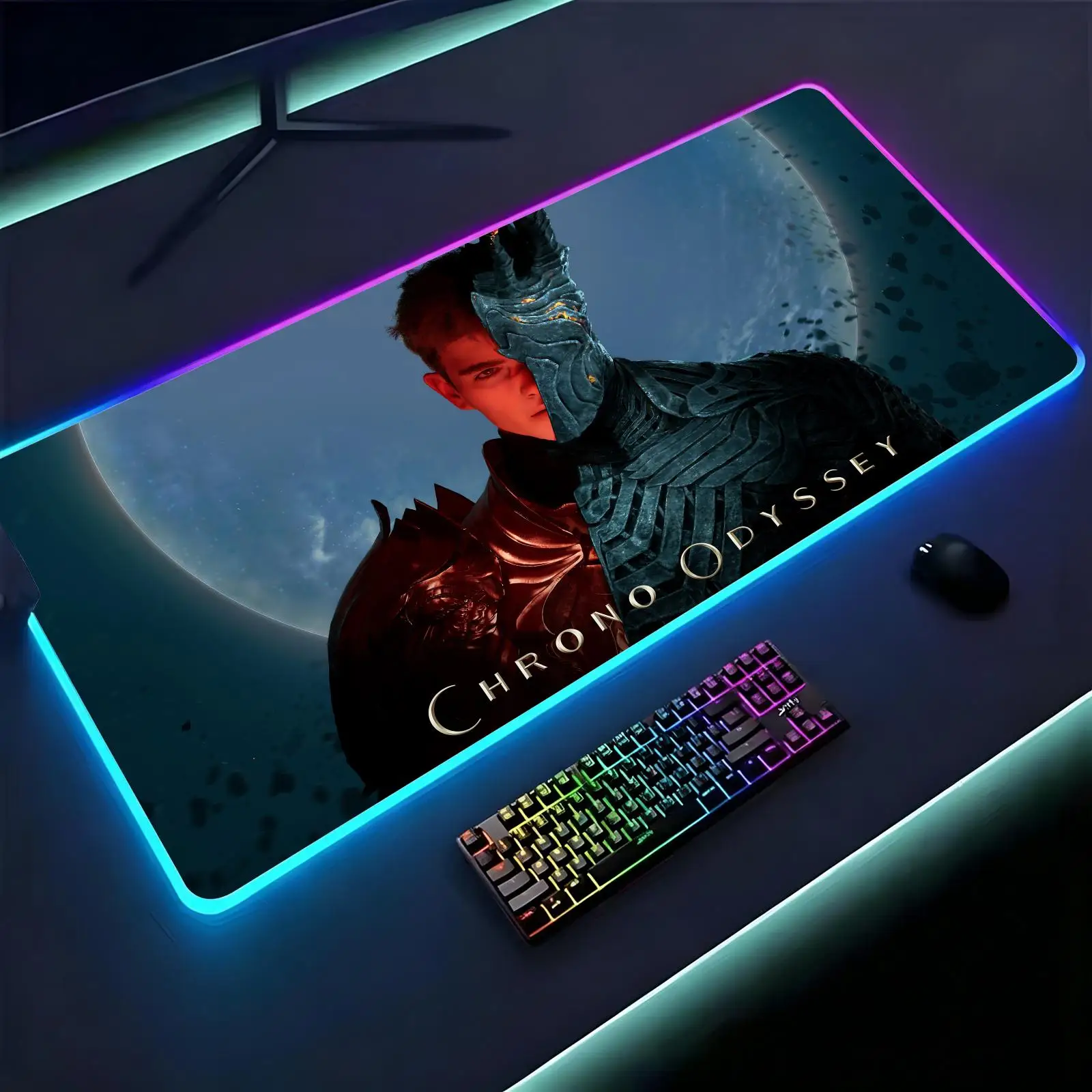 Alfombrilla de ratón grande con retroiluminación RGB para juegos esports, superficie de tela suave y lisa, alfombrilla de escritorio extendida luminosa LED Chrono Odyssey