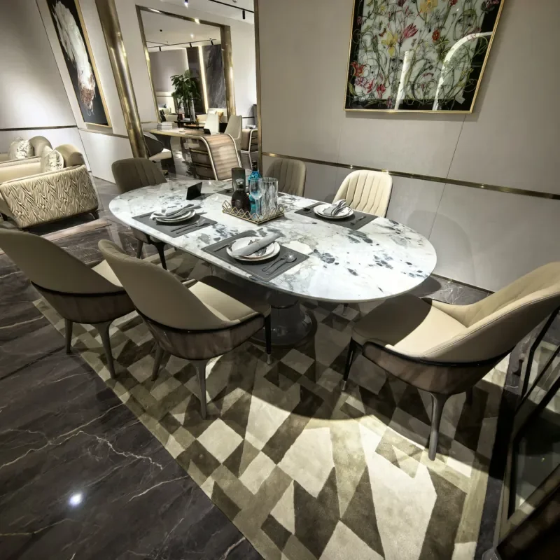 #High End Home Dining Room Furniture Marble Top Dining Table 6 Person Solid Wood Oval Marble Table