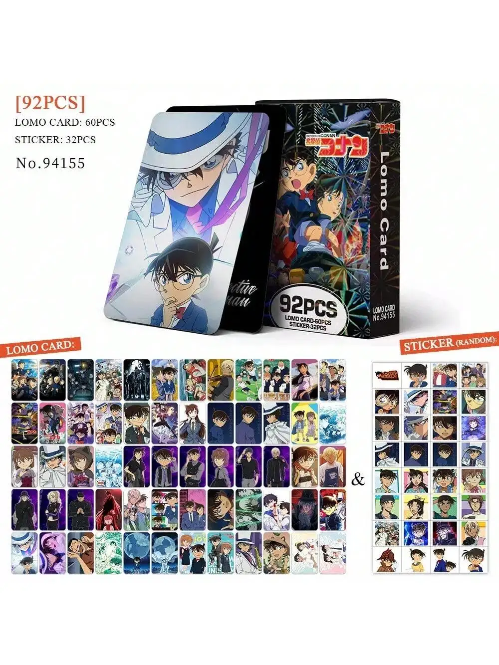 Detective Conan HD fotokaartenset - 60 stuks kaart 32 stuks sticker anime verzamelbare LOMO-kaarten voor fans en verzamelaars