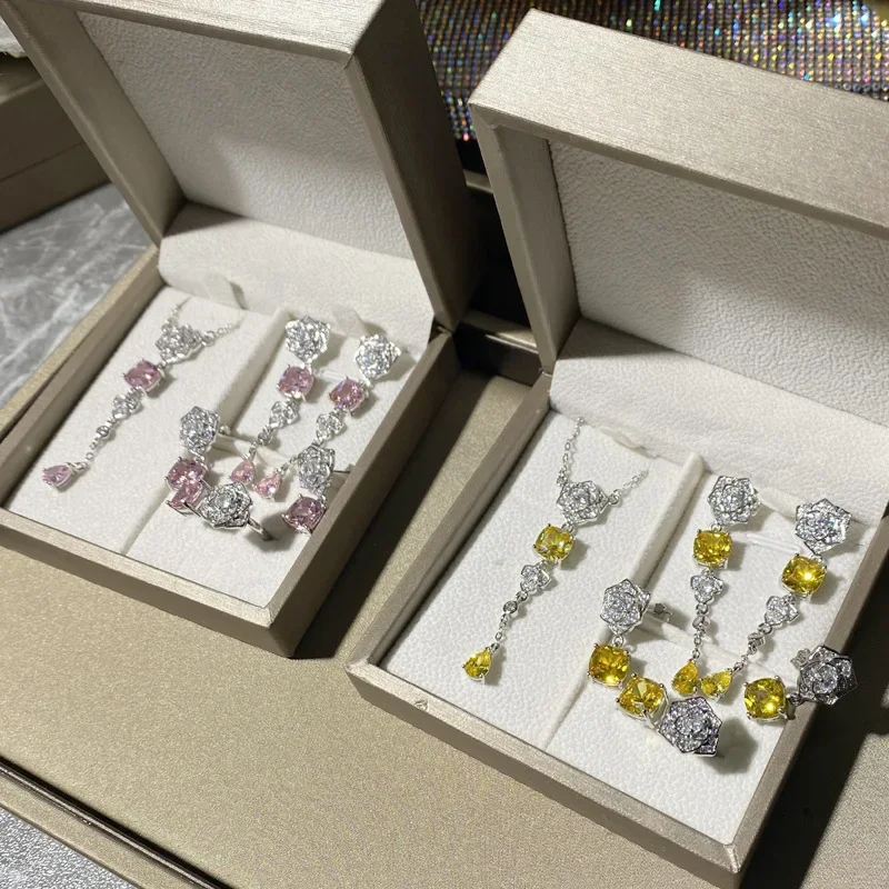 

MDL Moissanite Style Sparkling Luminous Rose Flower Gemstone Set 18K Gold Plated Multi-Cut Colored Gold Yellow Zircon Earrings