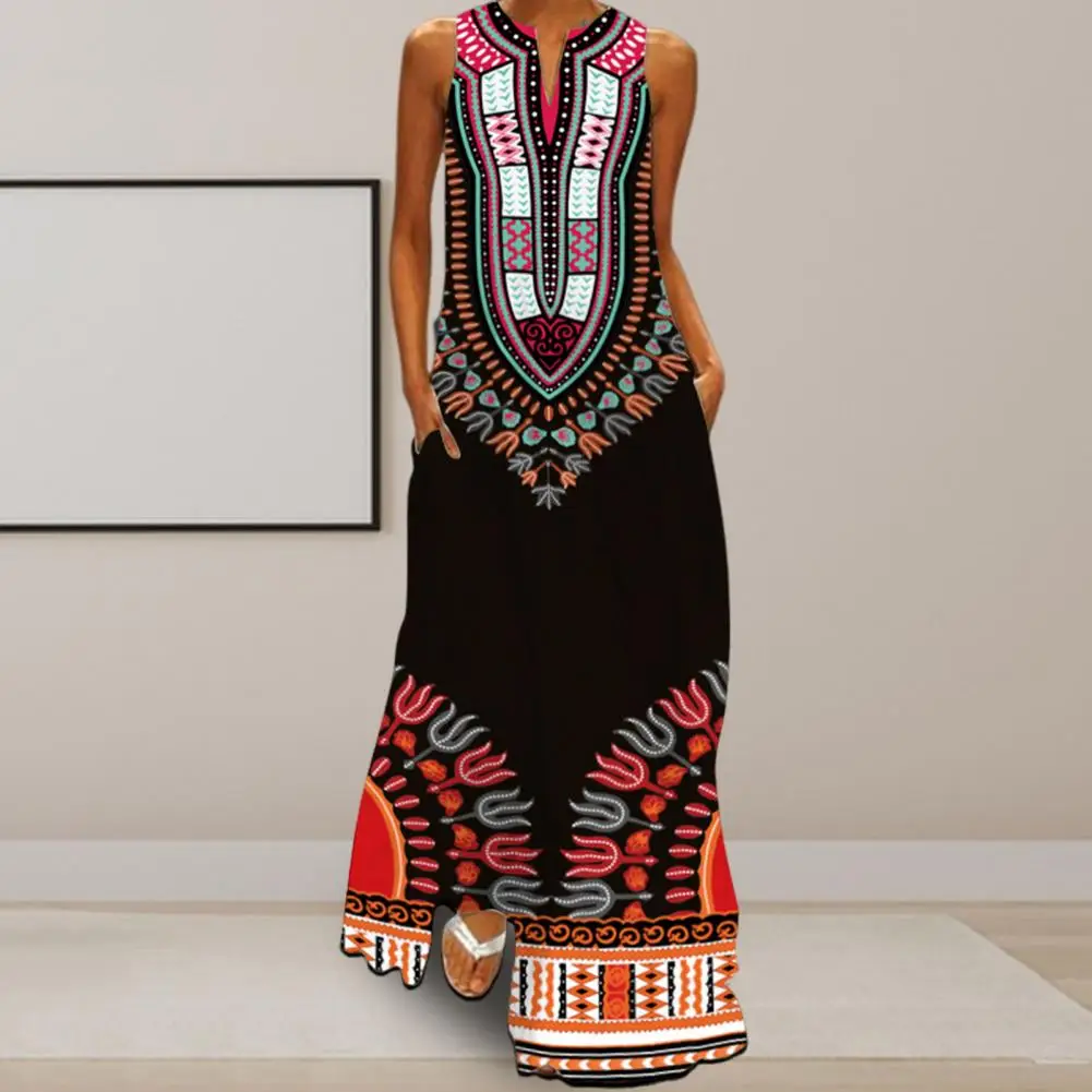 

Lady Long Dress Vibrant Ethnic Print Maxi Dress Off Shoulder A-line Style with Side Pockets for Summer Colorful Printed Dress