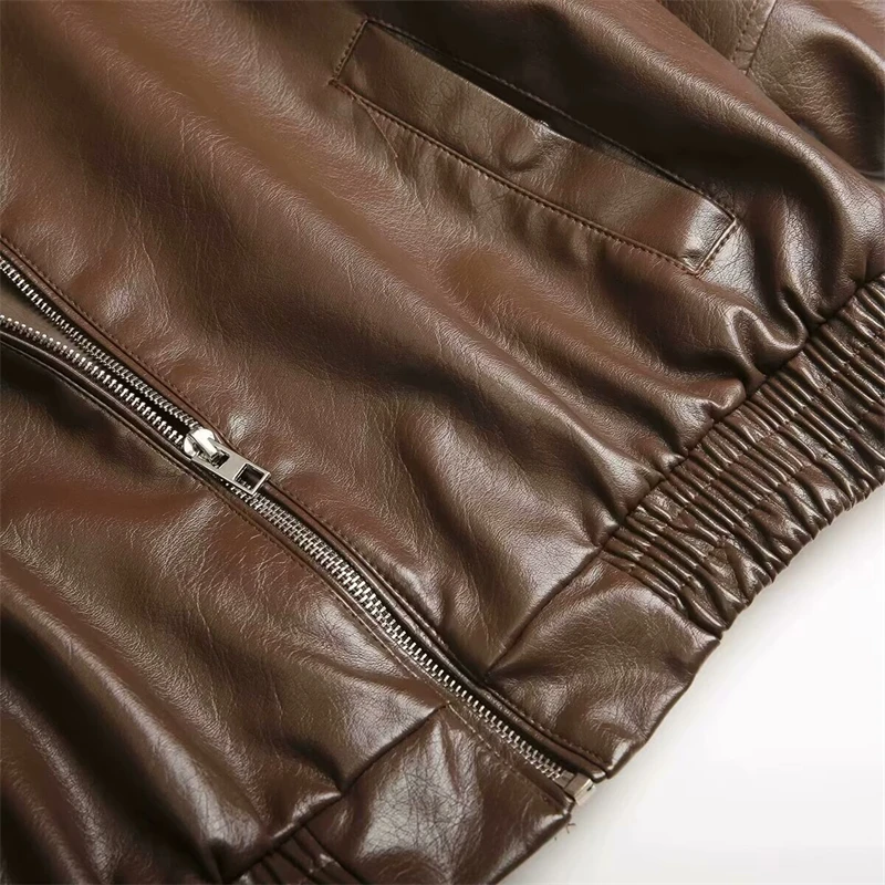 Keyanketian outono nova lapela feminina manga comprida zíper frontal jaqueta piloto de couro falso jaqueta à prova de vento