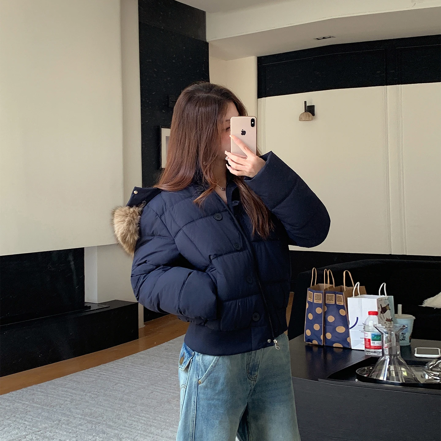 

Женский зимний хлопковый джет Thiened ort, свободный крой с большим меховым воротником, съемный капюшон, застежка-молния, цвет