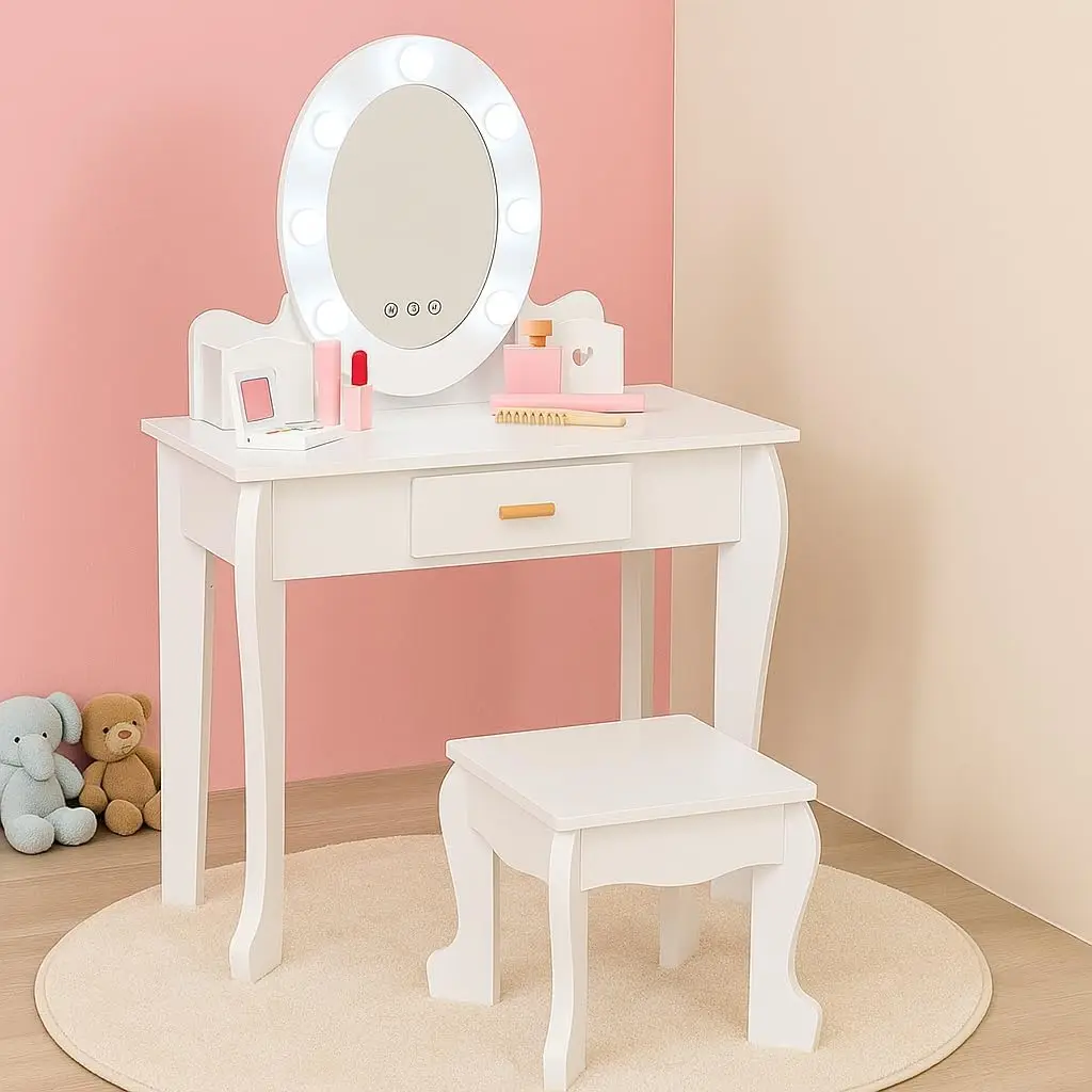 Kids Vanity with LED Mirror & Stool, Toddler Makeup Table Set, Princess Dressing Playset for Girls Bedroom, White, Customized