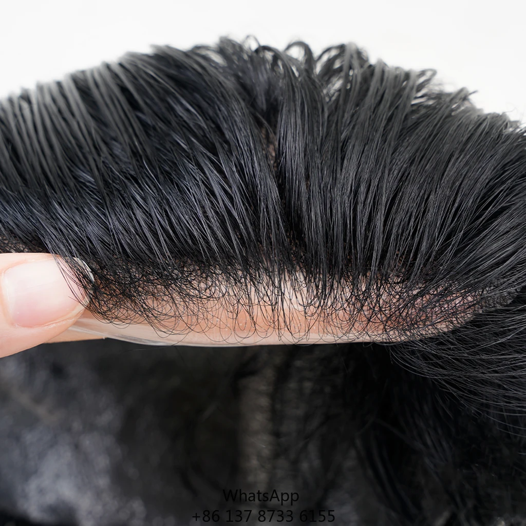 

Высококачественный ультратонкий с V-образной петлей, 100% волосы, естественная волна, кружево и основа из искусственной кожи, завязанный вручную, сменный мужской парик