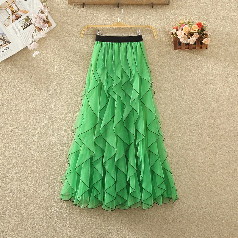 

Wave Ruffles Shirts Women Long Pleated Mesh Skirt Women's Summer High Waist Ruffle Skirt Women Mid-length Gauze Skirt