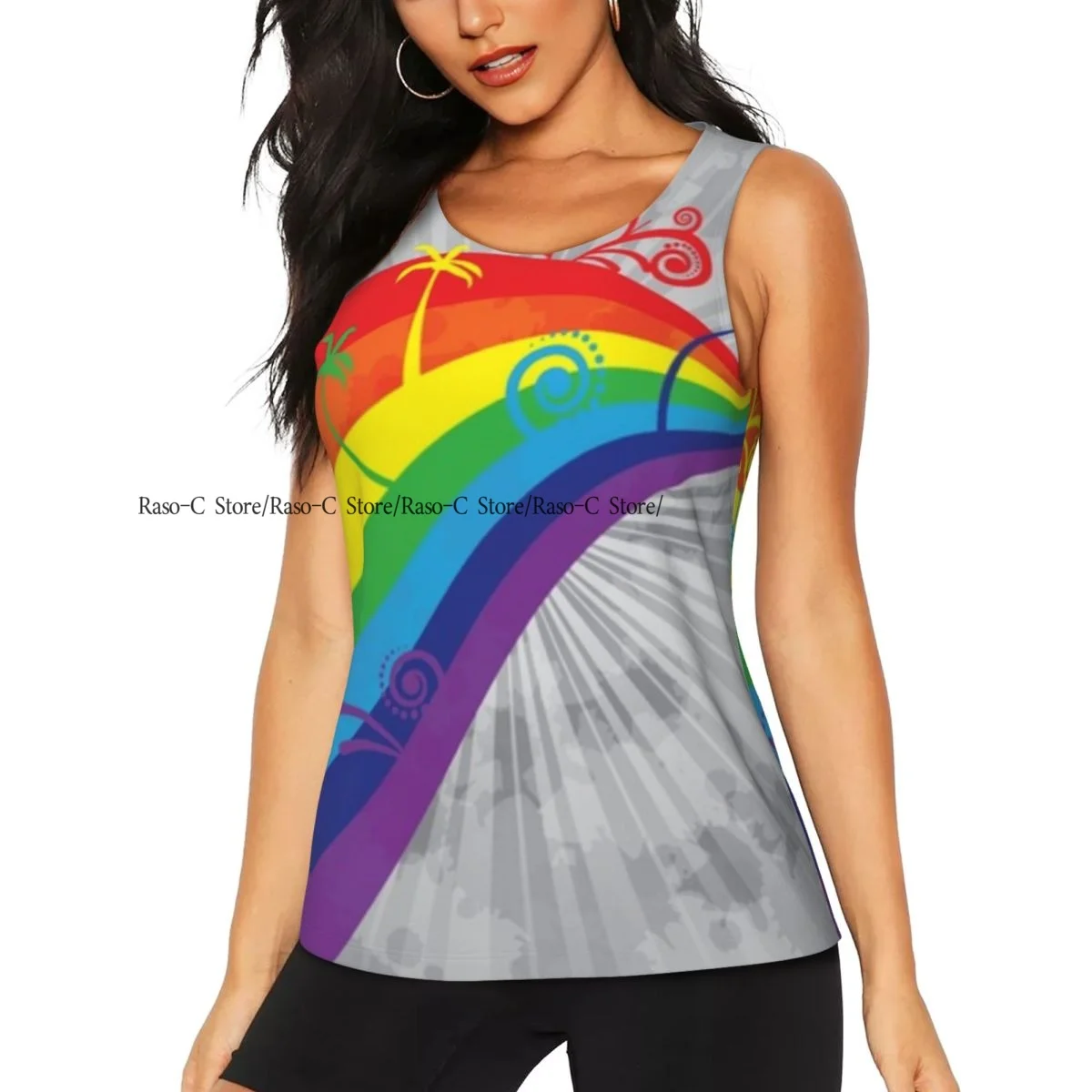 Women Fitness Sexy Yoga Vest Colorful Palms And Rainbow Gym Sports Top Tank Female