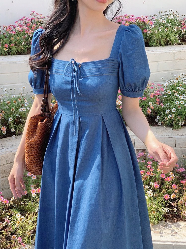 

2024 Summer Vintage Elegant Dress Women Short Sleeve Holidays Causal Midi Dress Female Solid Korean Fashion Chic Party Dresses