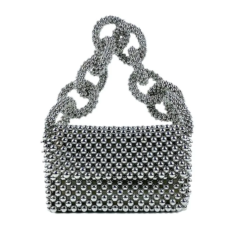 High Quality Silver Acrylic Beaded Evening Bag Luxury Design Heavy Beaded Small Square Bag Female Wedding Party Shoulder Bag