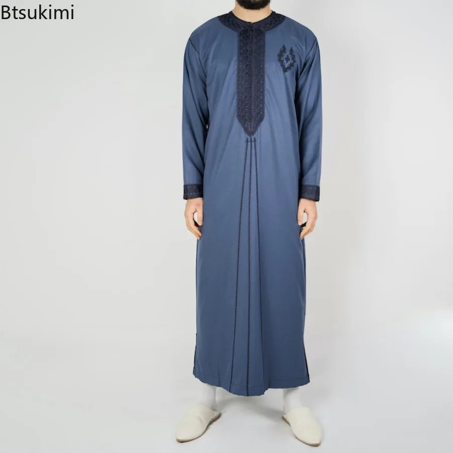 2024 Men\'s Embroidery Loose Muslim Short-sleeved Abayas Breathable Casual Ethnic Style Long Shirts Arab Islamic Men Jubba Thobe