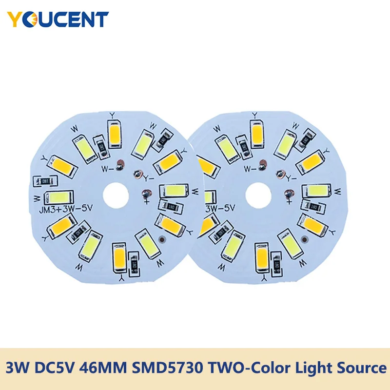 SMD 5730 Lâmpada de Cor Dupla, Placa de Luz LED Redonda, Lâmpadas DIY Acessórios Retrofit, 3W, 46mm, DC 5V, 1Pc