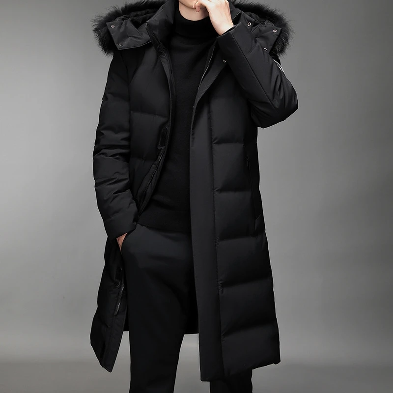 2024 Autumn/Winter New Men\'s Long Hooded Down Jacket with Large Hairy Neck Hat Thickened Cold proof and Warm Down Jacket M-5XL