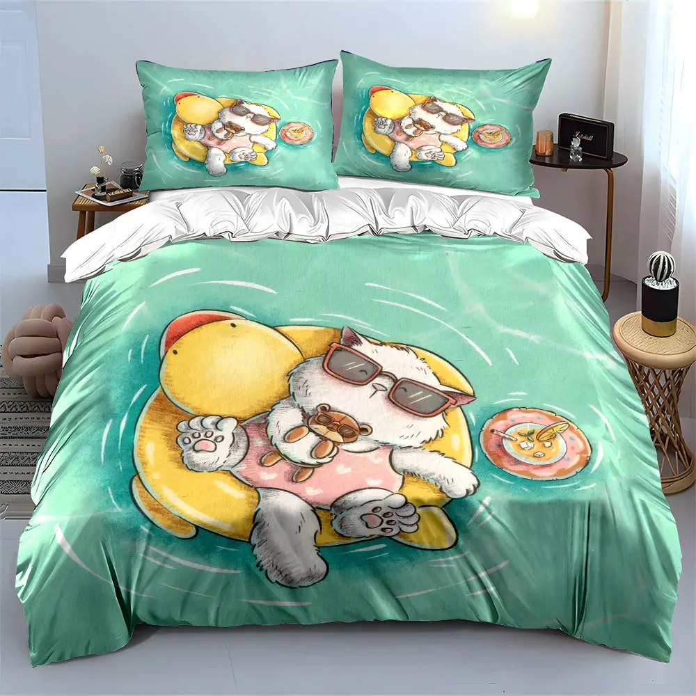 Relaxing Cat Pool Decoration Set Soft Skin-Friendly Bedding Set Includes 1 Duvet Cover And 2 Pillowcase, Gift