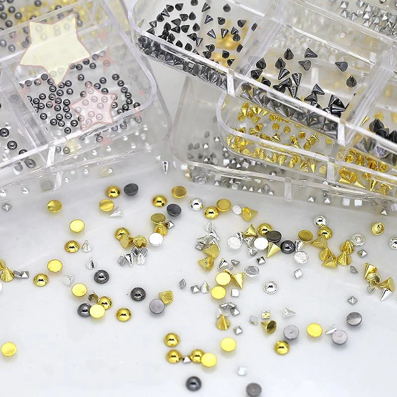 6 Grids Punk Nail Rivets Silver Gold Black Mixed Size Metal Bead Studs Round Cone Nail Art Charms Parts DIY Decoration