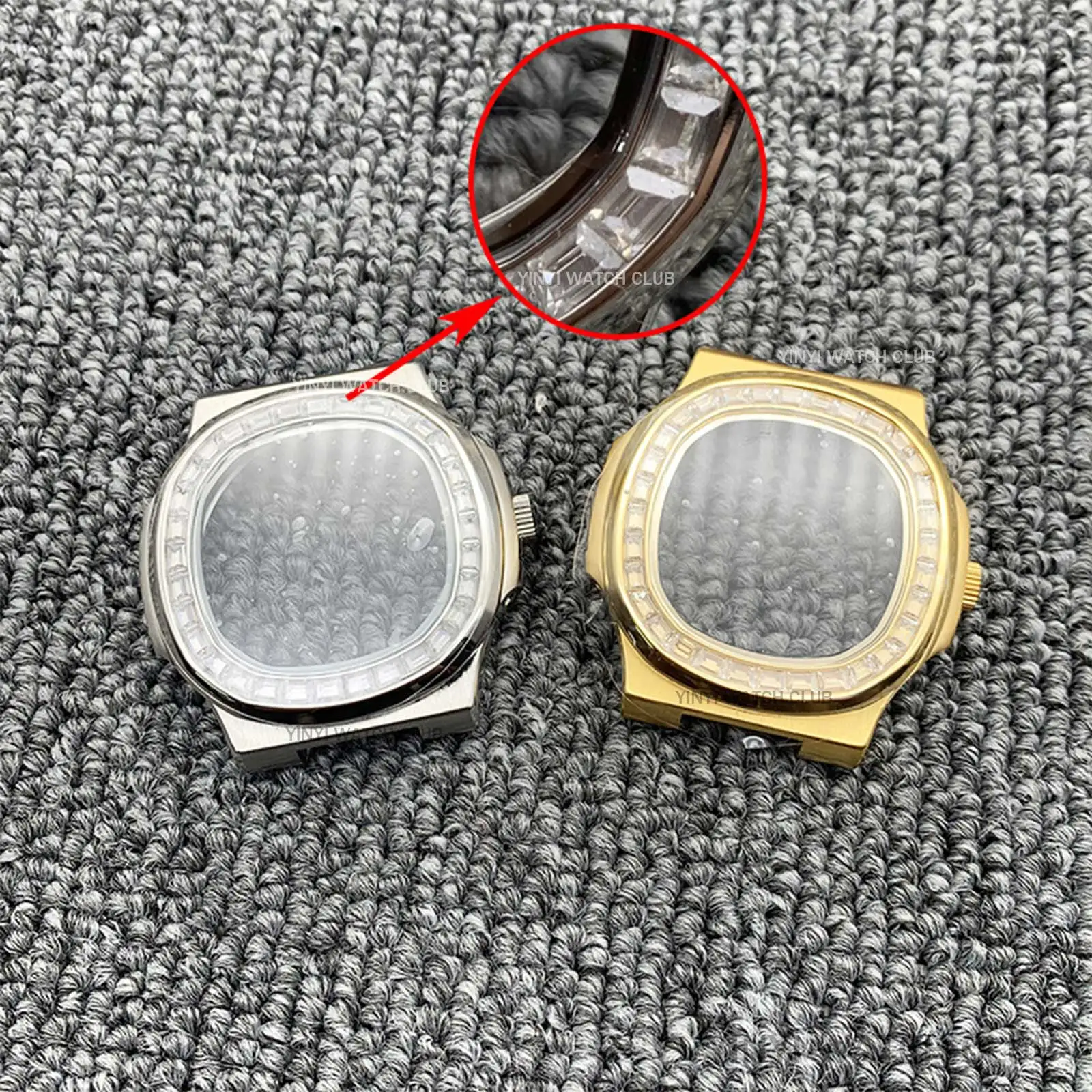 42MM Watch Case Gold Sliver Diamond Set Transparent bottom for Miyota 8215, 821A Mingzhu dg2813 dg3804 Movements Nautilus Case