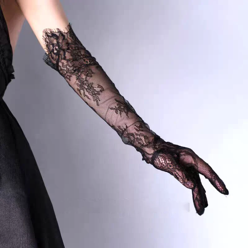 مثير تول طويل أسود قفازات برباط السيدات رقيقة واقية من الشمس شبكة رمش تنفس القفازات فستان الزفاف الملحقات