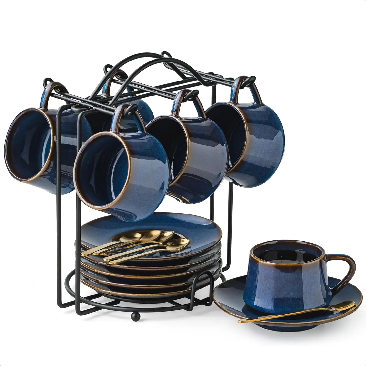 

Espresso Cups Set of 6, 4 OZ Expresso Shots Cup Small Coffee Cup with Sacuers Metal Stand, Ceramic Espresso Cups for Ca