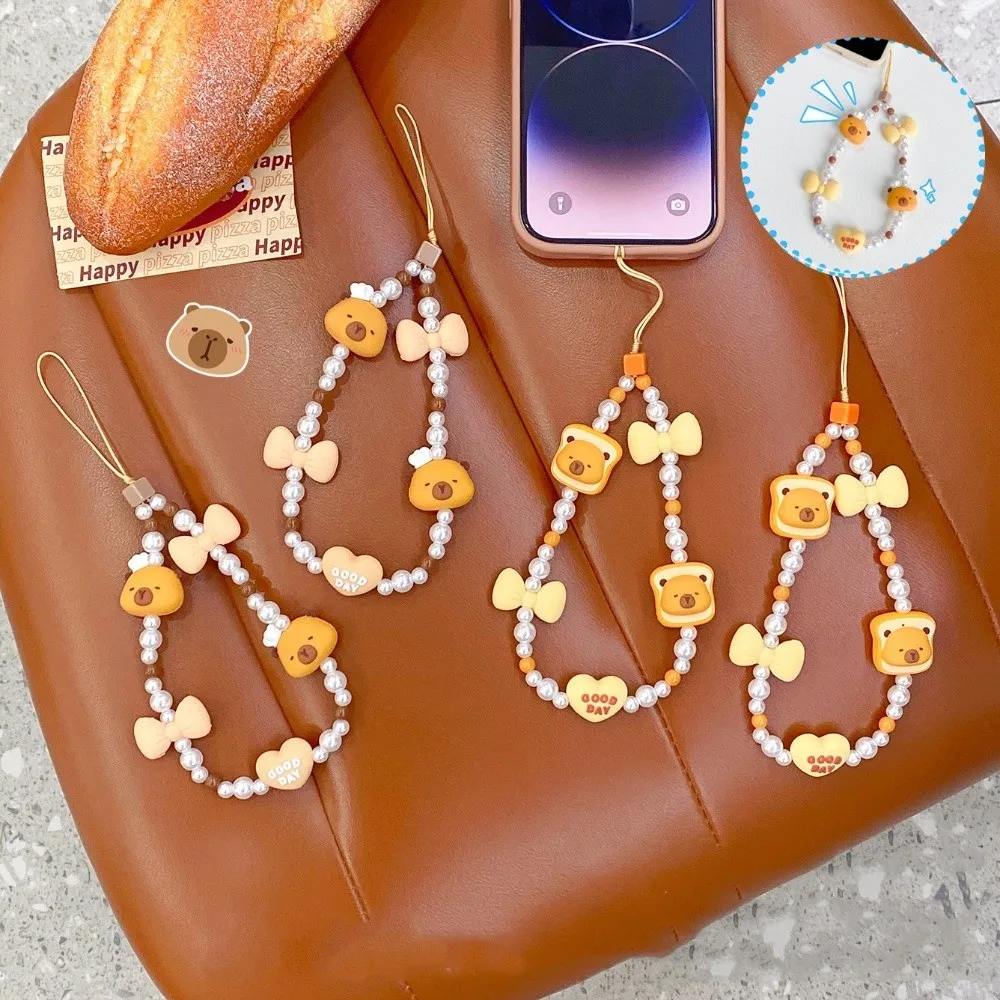 

Capybara Bead Phone Chain Biscuit Bear Anti-loss Mobile Phone Lanyard Girl Heart Decoration Cell Phone Strap Woman Girl