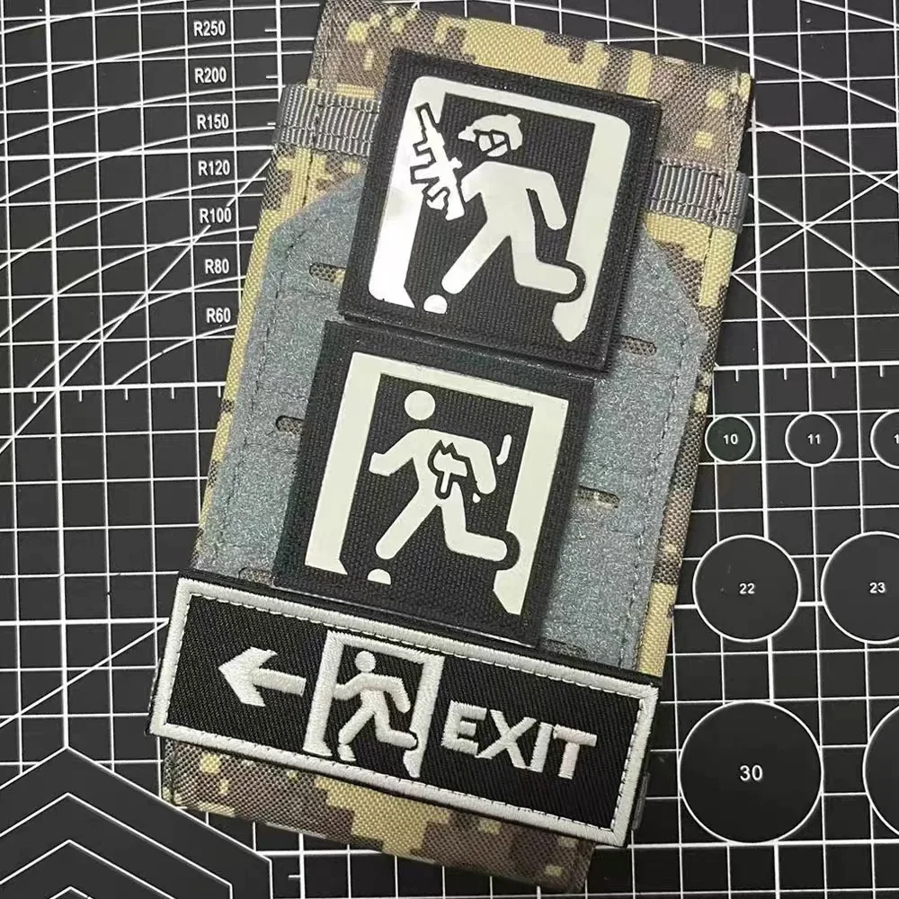 With Cat Escape Escape Sign Hook&Loop Safety Instruction Logo EXITS  Embroidery Patch Luminous Badge Tactical Backpack Stickers