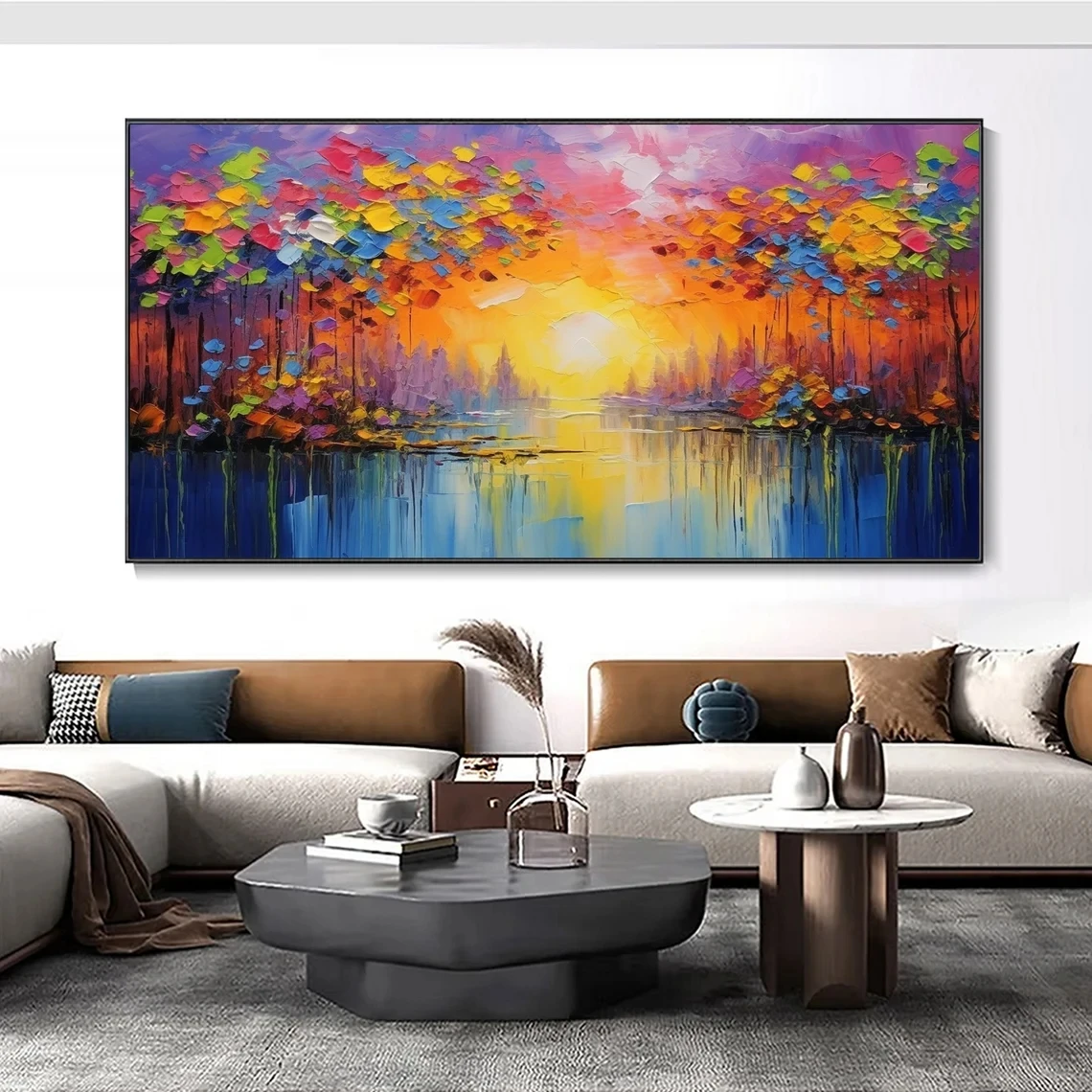 Hand Painted Landscape Art Oil Painting Forest Lake Palette Knife Canvas Artwork Abstract Sunset Mural Bohemian Picture on Wall