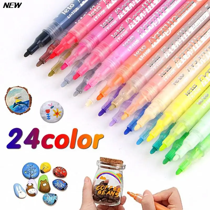 24 Colors Acrylic Paint Pens Waterproof Permanent Marker Pens Acrylic Pens for DIY Rock Stone Ceramic Glass Mugs Wood