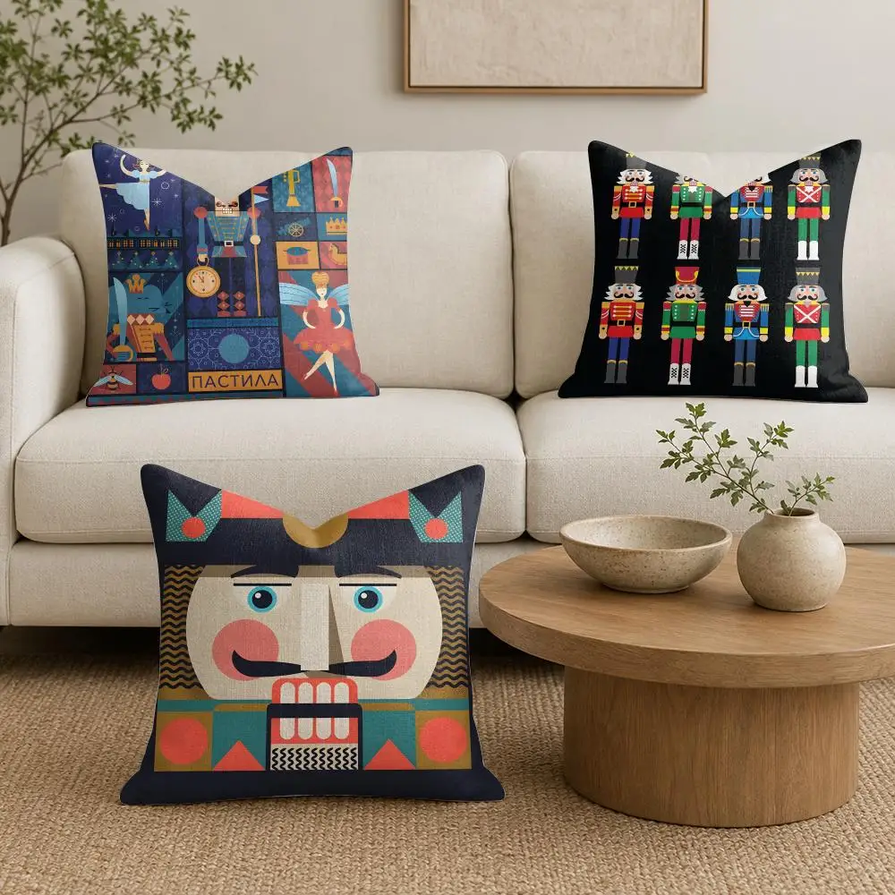 Nutcracker Soldier Christmas Cushion Cover Summer Linen Pillow Case Organic Fabric Cushion Cover Double-Sided Sofa Home Decor