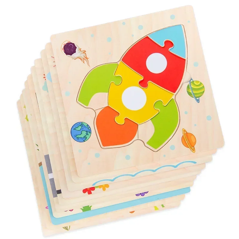 Puzzles 3D en bois pour bébé, Tangram fait saillie, jouets de puzzle d'intelligence animale de dessin animé, cadeau d'apprentissage pour enfants, mignon