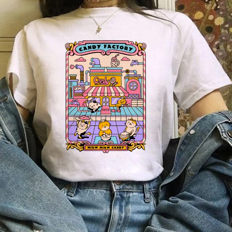 Candy Factory Cat Pattern Cartoon Trendy Printed White T-Shirt Short Sleeve Round Neck Casual Top Women's Fashion Clothing T-Shi