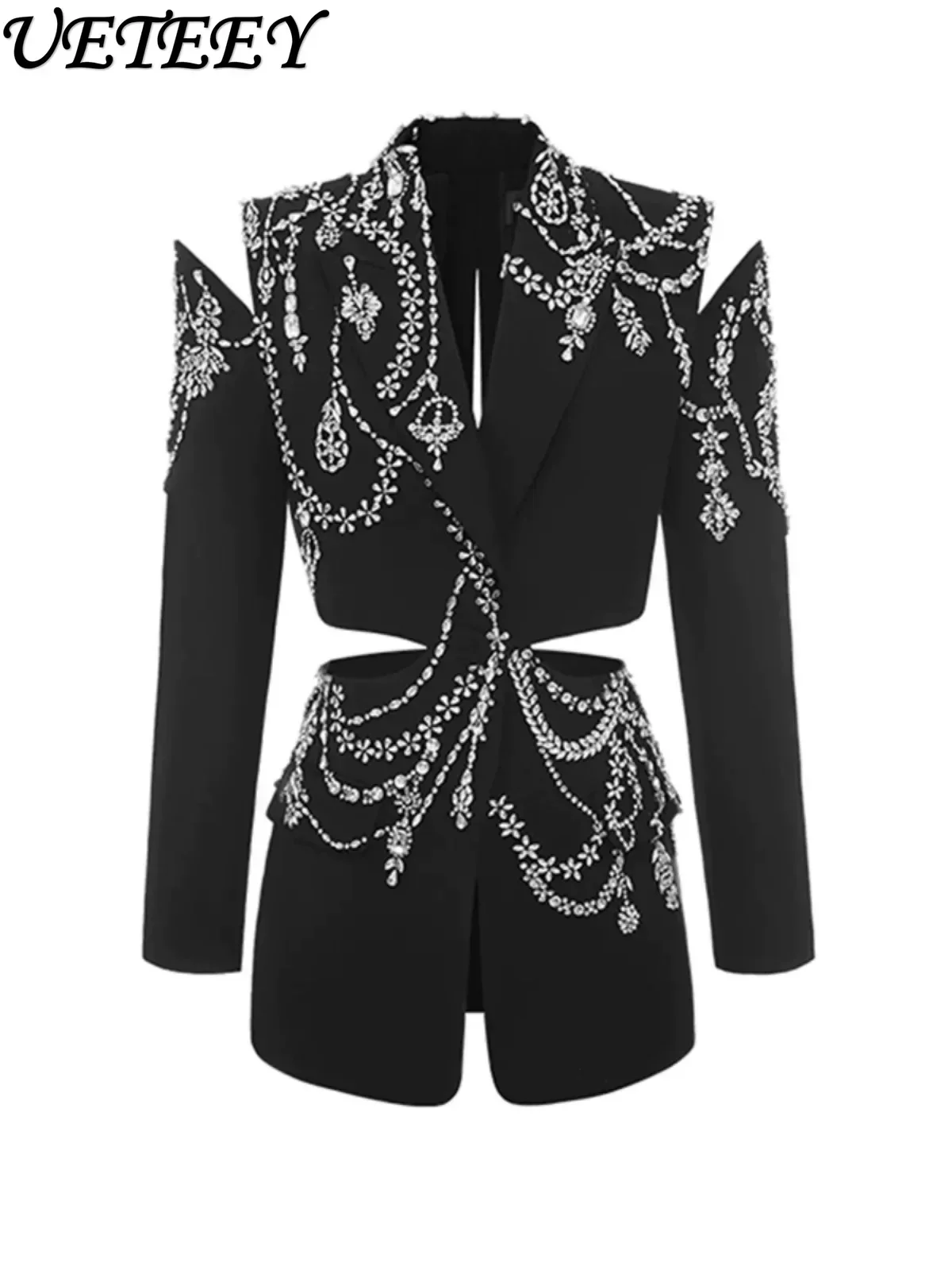 European and American Catwalk Coat Summer New Fashion High Sense Rhinestone Backless Hollow-out Midriff Suit Jacket for Women