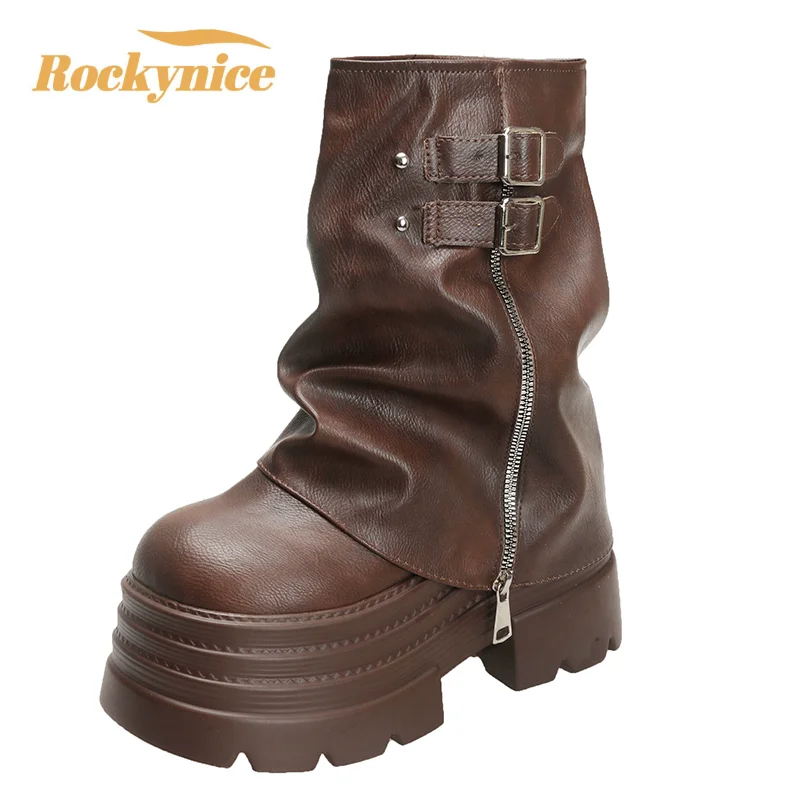 Shoes for Women New Mid-Calf Boots 10CM High Platform Modern Boots Belt Buckle Punk Shoes Female Zip Leather Motorcycle Boots