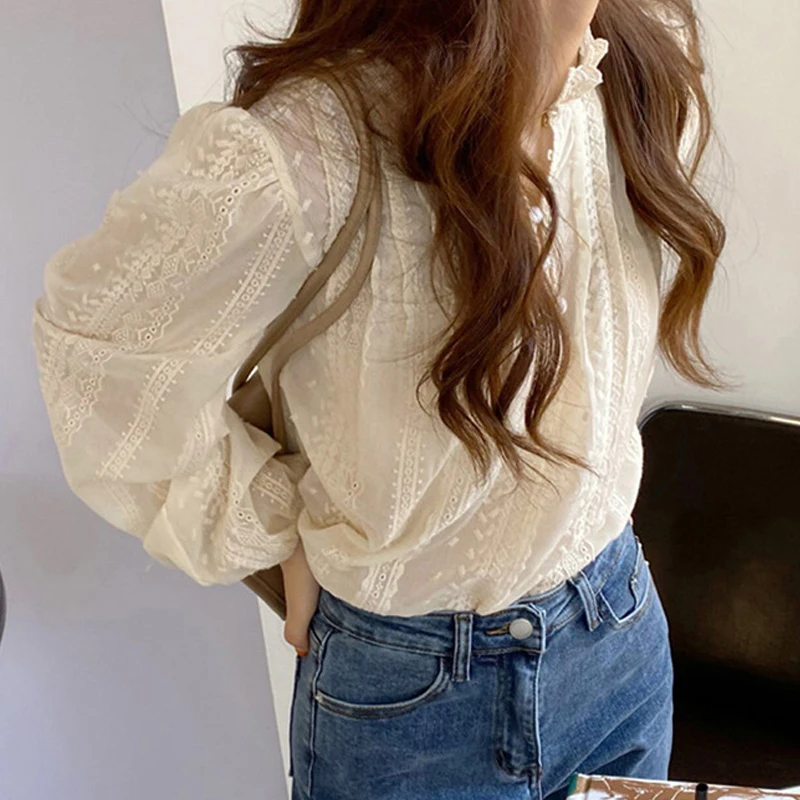 Camicetta elegante da donna in pizzo nuova primavera autunno manica lunga camicia casual da ufficio allentata colletto alla coreana da donna top semplice