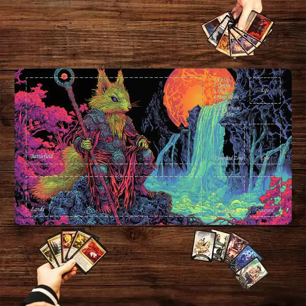 Magic Card Gaming Mat with Zone Colorful Squirrel Warrior TCG Playmat Desk Mat Commander Playmat Suitable for Game Gathering