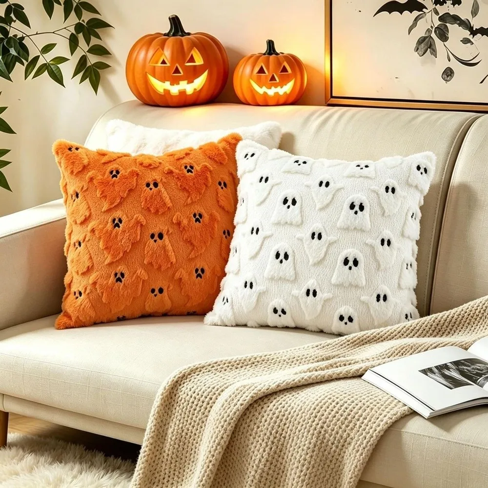 Halloween Throw Pillow Cover Square Ghost Black Bat Stuffed Pillow Case Washable 45X45CM Decorative Pillowcase Holiday Decor