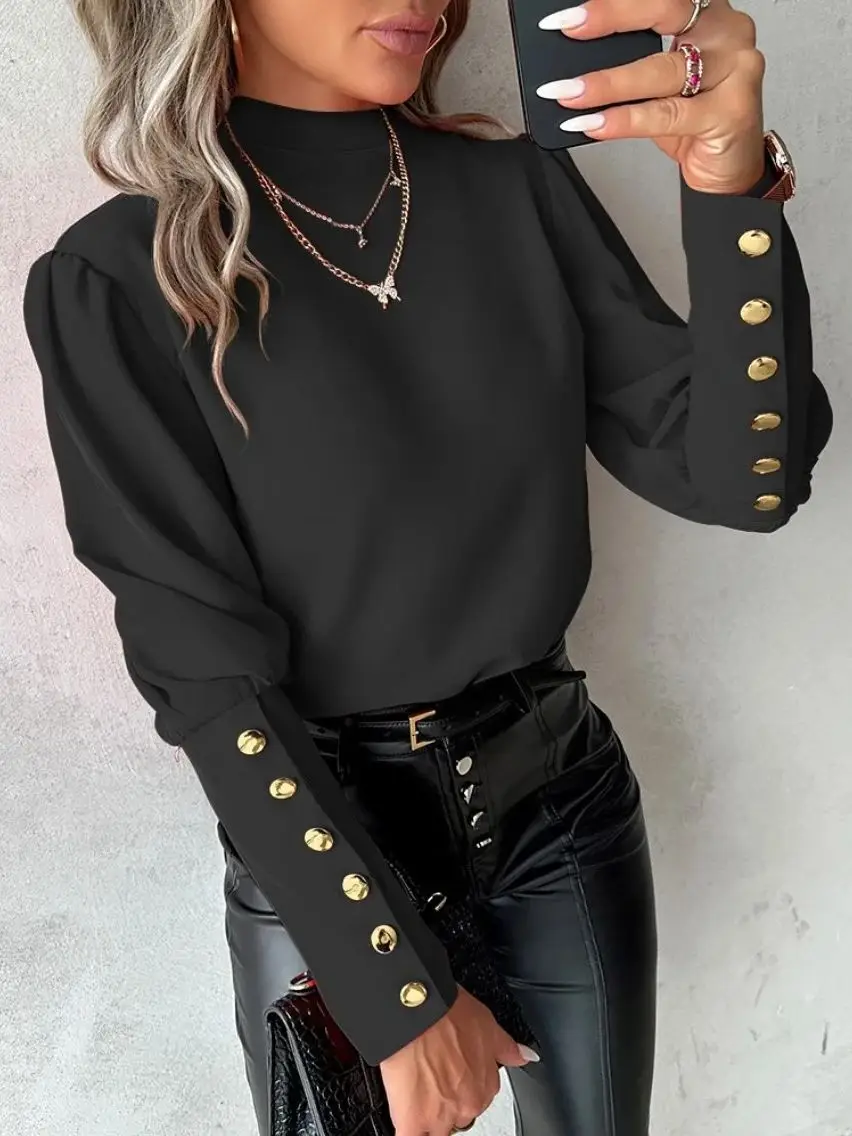 Fashion Lantern Sleeve Button Splicing Shirt Women Elegant Office Commuter O Neck Blouse Female Autumn Spring Daily Casual Tops