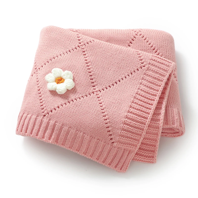 

Детское одеяло 90*75 см, вязаное постельное белье для новорожденных, одеяло, мягкая пеленка для коляски, модная однотонная милая плед с 3D цветком для мальчиков и девочек