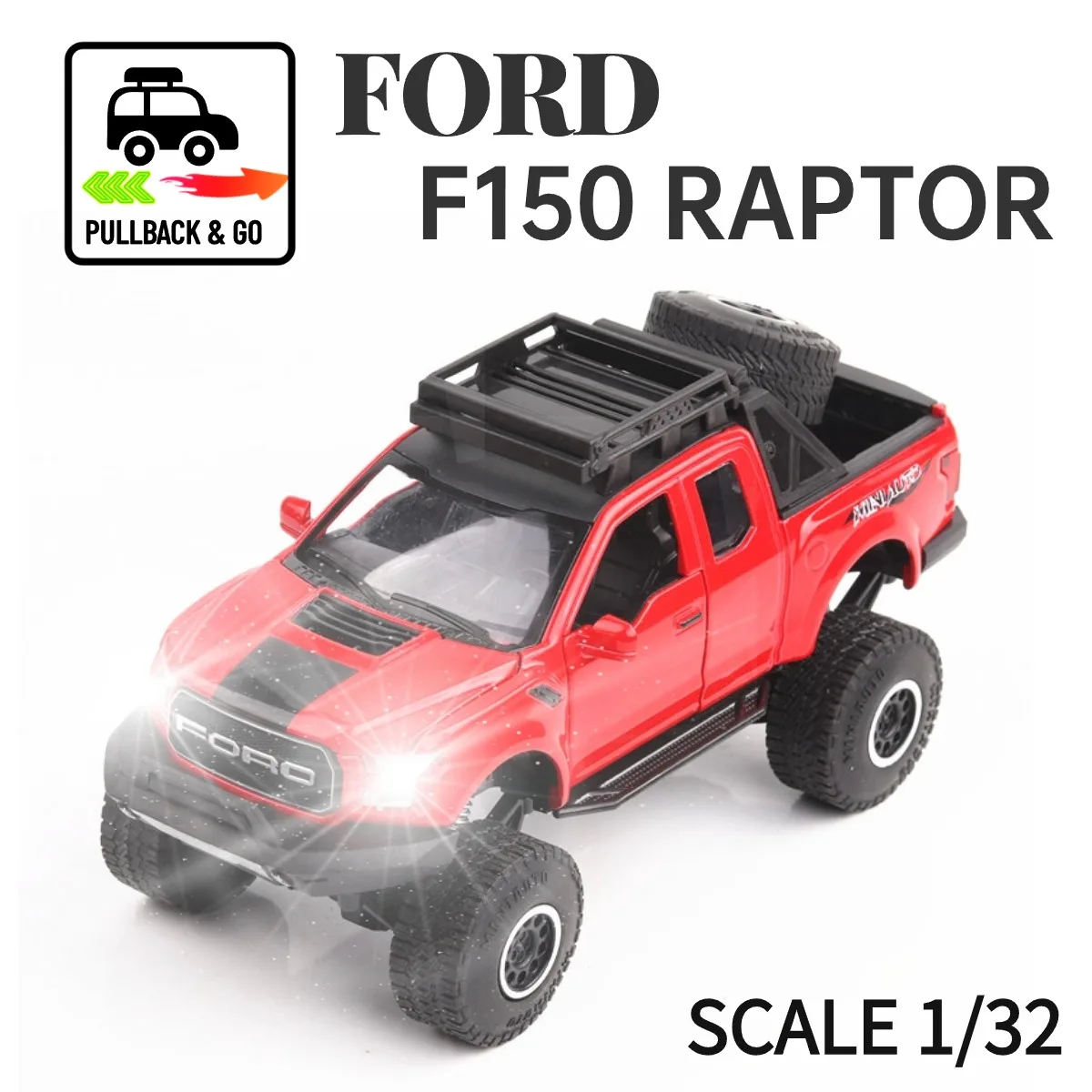 1:32 Ford F150 Raptor Pullback Car Toy with Lights Engine Sound, Mercedes Scale Diecast Car Model Replica Kid Boy Play Gift