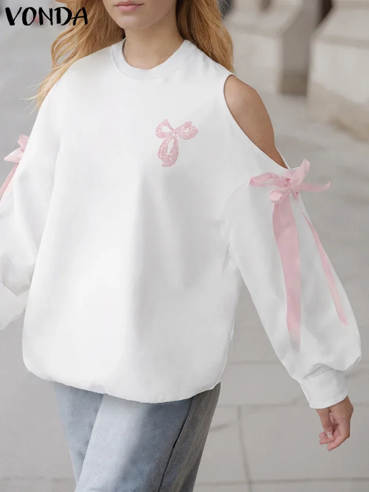 Autumn Blusas Casual Loose Top Plus Size Women Blouses 2025 Fashion Long Sleeve Bow Tops Off The Shoulder Solid Color Tunic image 3