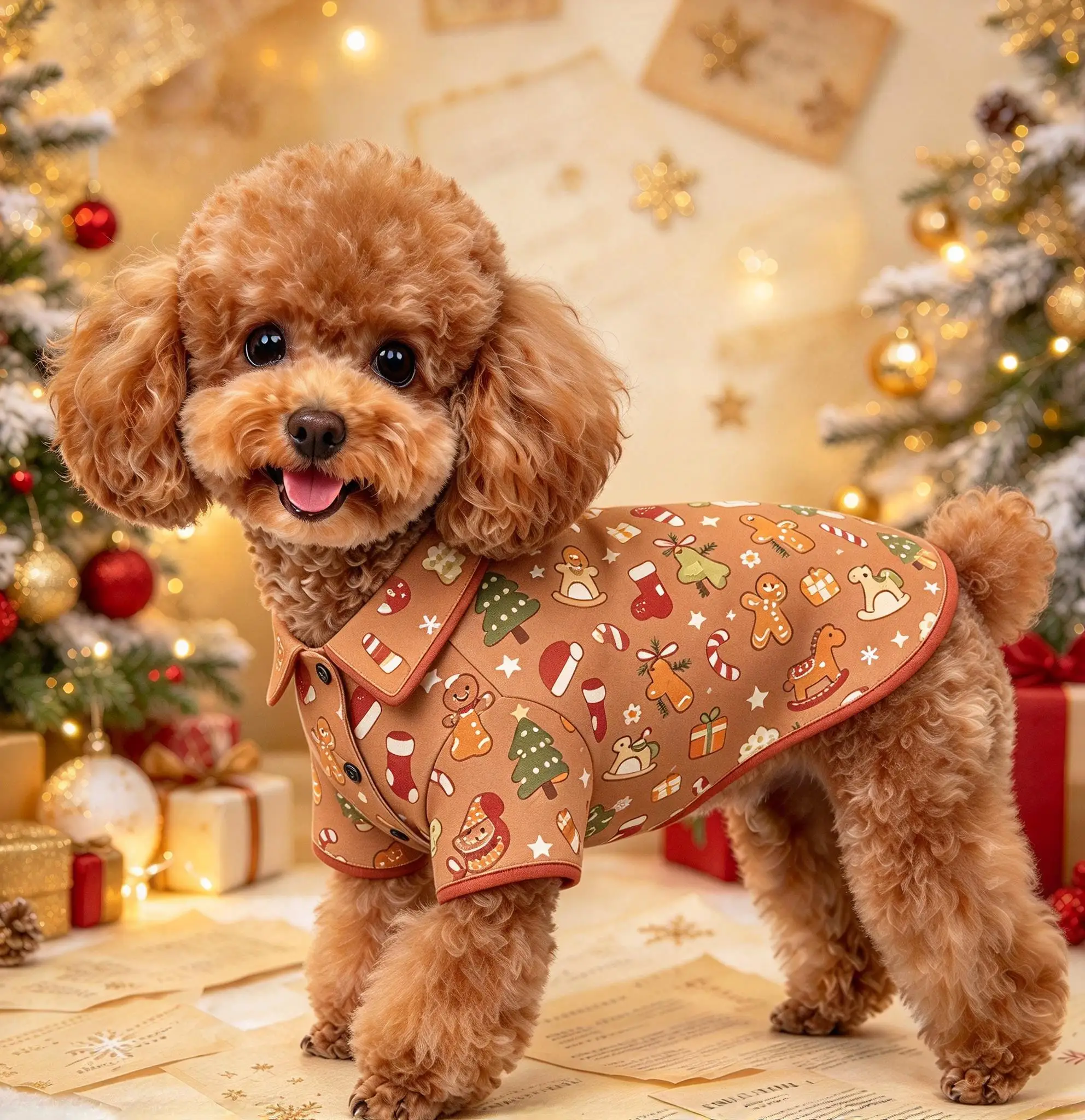 Allover Cute Christmas Icons Print Pet Button Shirt, Holiday Xmas Outfit for Small Dogs & Cats