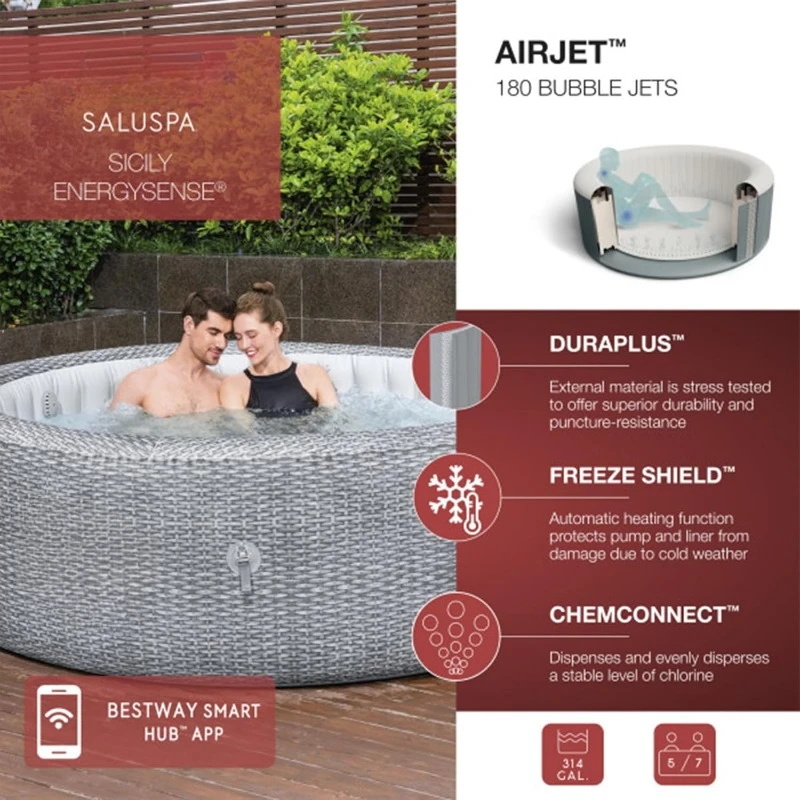 5 to 7 Person Inflatable Hot Tub Round Portable Outdoor Spa with 180 AirJets EnergySense Saving Cover